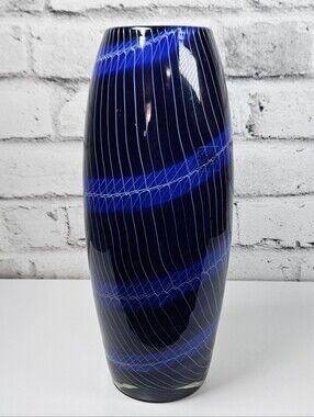 Sasaki Cobalt Blue Art Glass Vase Hand Blown Sw irl Stripe 13 Inch Decor